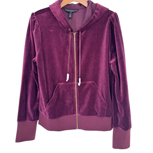 Whitehouse Black Market Burgundy Hooded Velvet Zip-Up Jacket size large new $89 - Picture 1 of 11